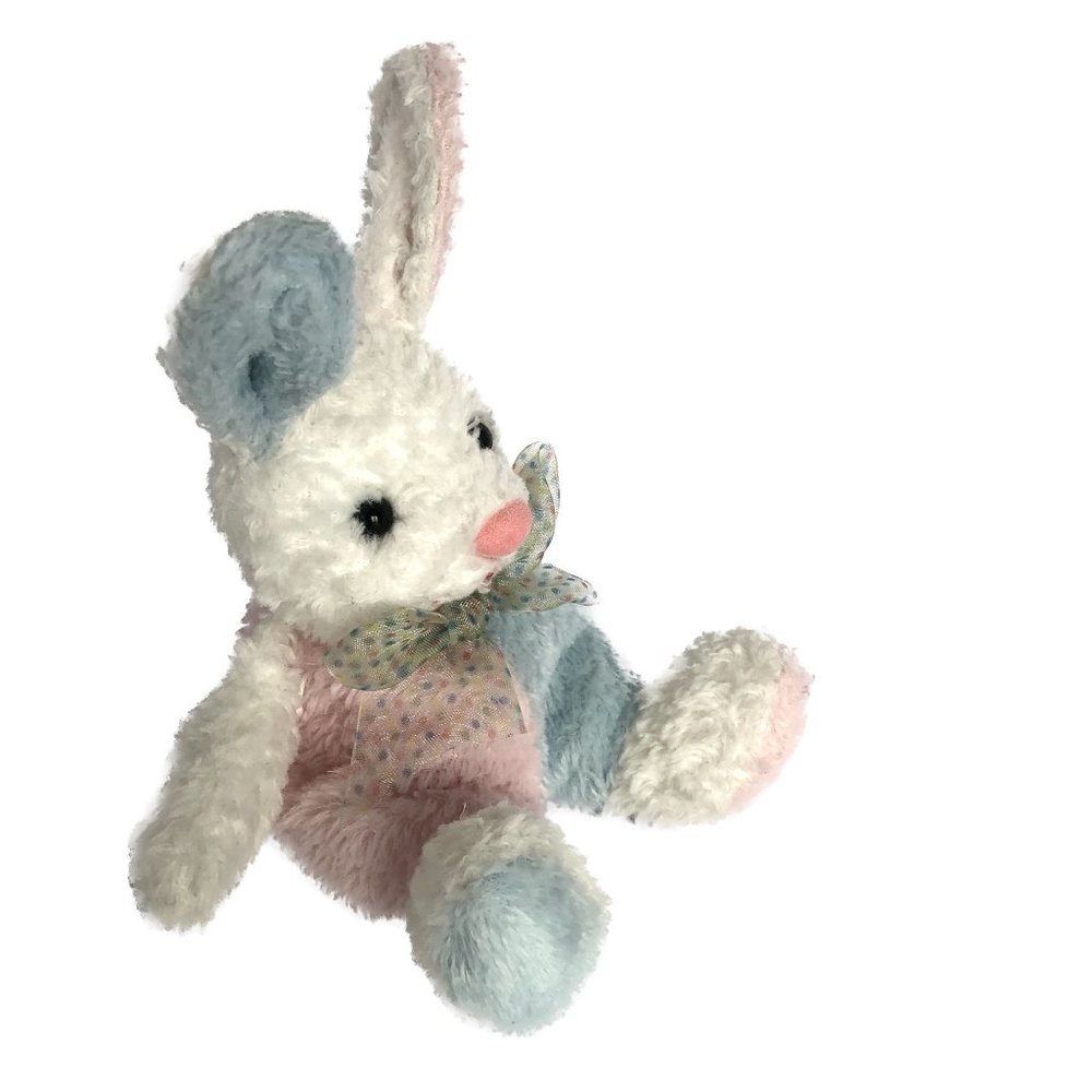 Unbranded Bunny Rabbit Plush White Pink Blue Multicolor Ribbon Bow 6" - Picture 4 of 5